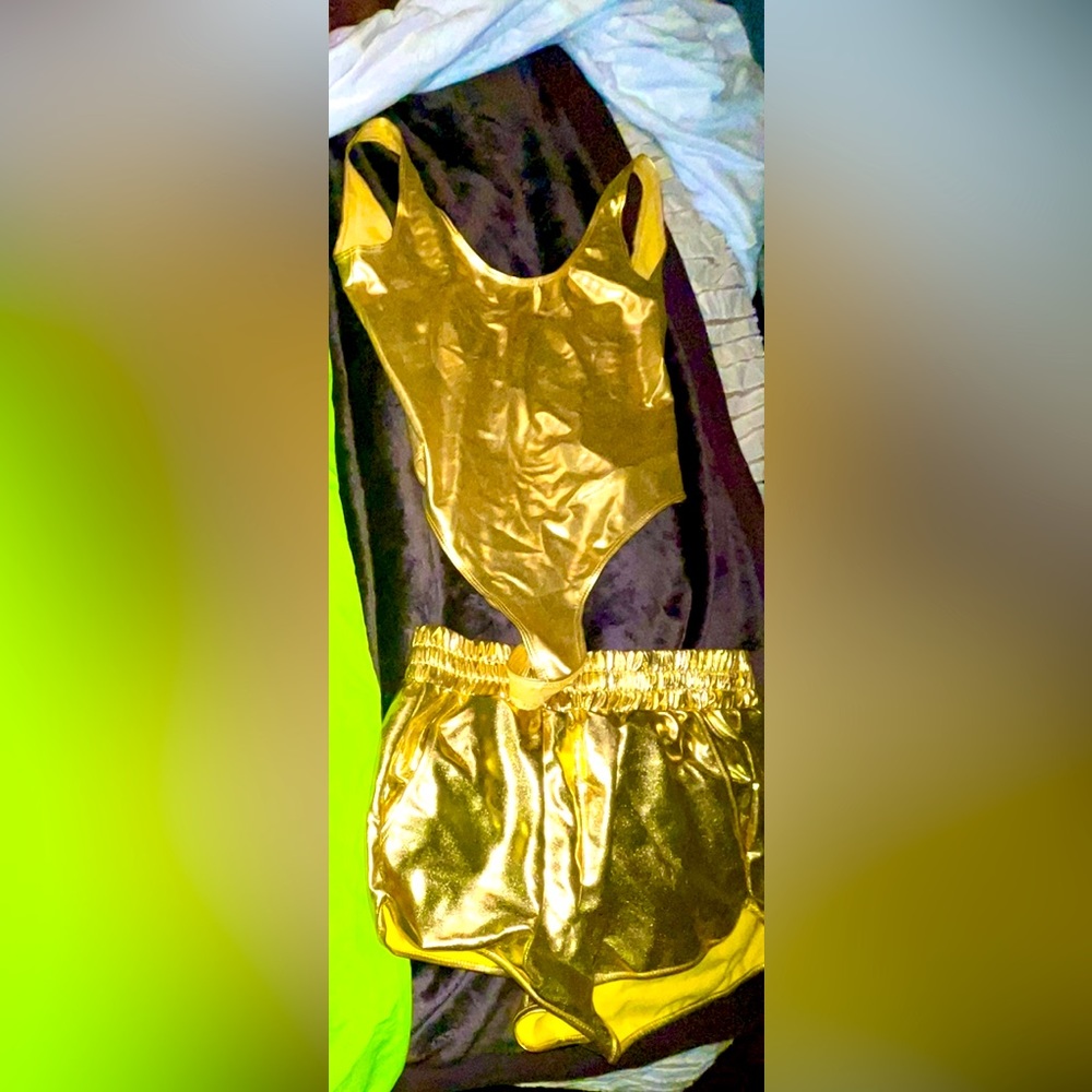 Metallic Gold body suit with matching metallic gold shorts